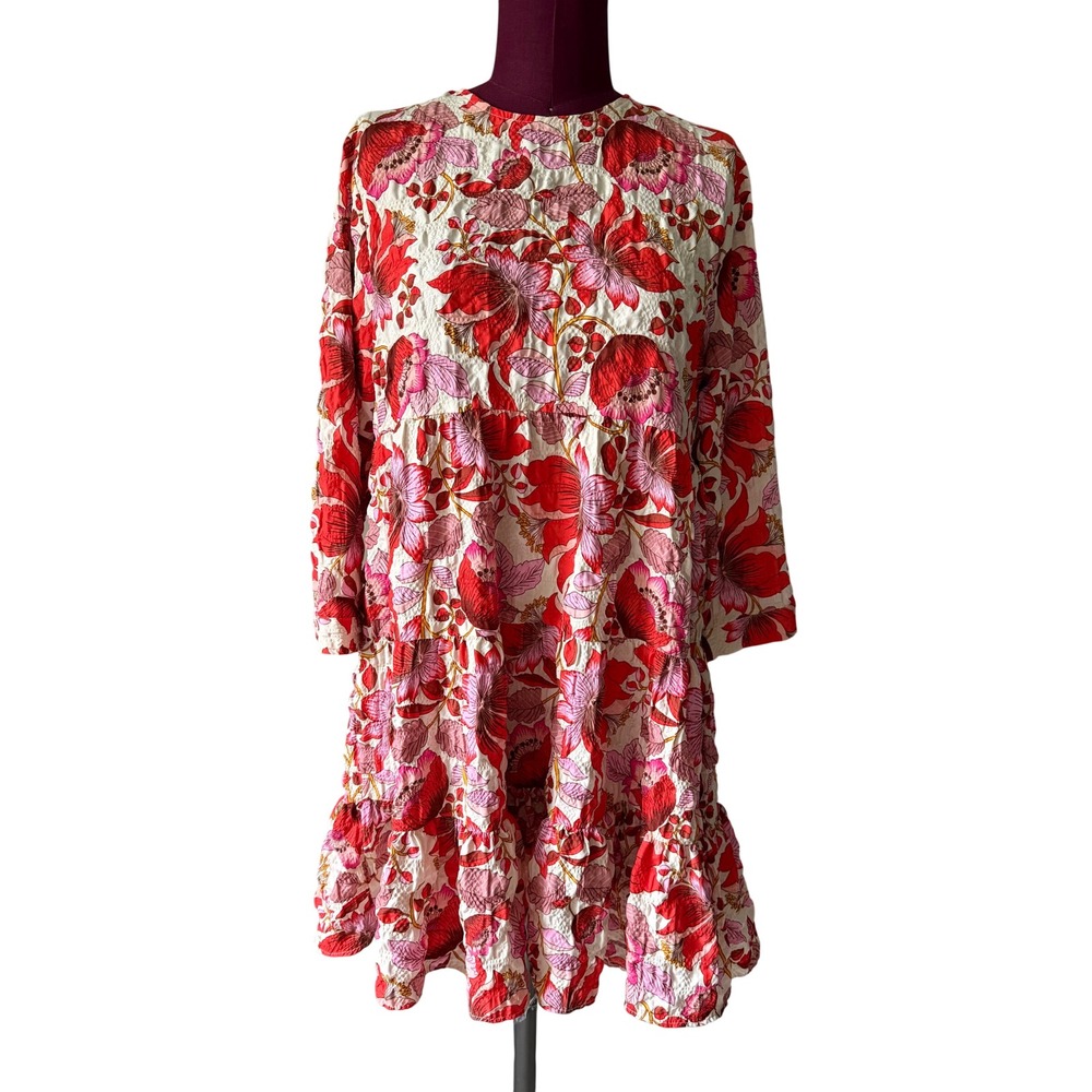Zara Mini Dress Floral Polyester Long Sleeve Tiered Ruffle Red Pink Cream Small